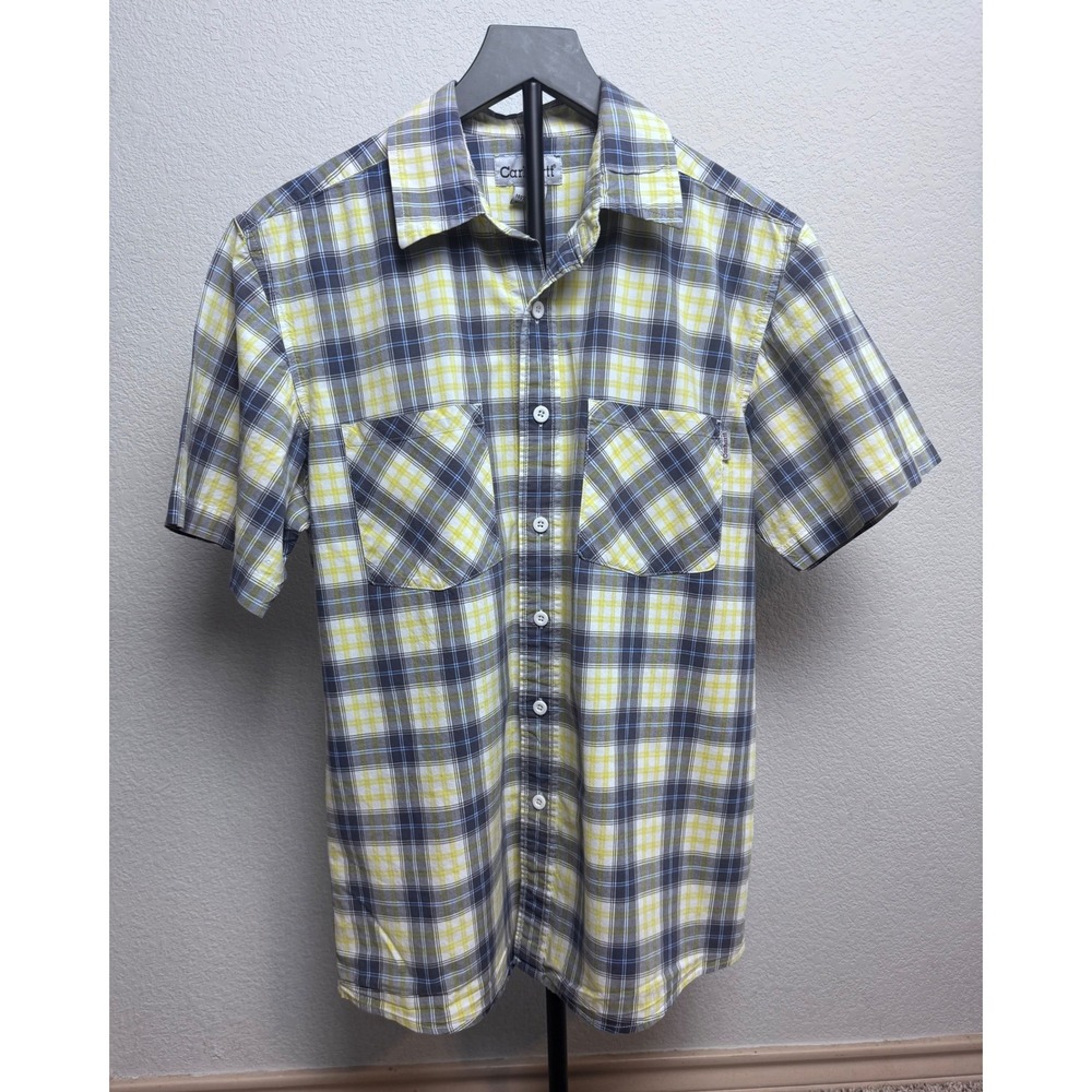 Carhartt Mens Plaid Short Sleeve Button Up Shirt Yellow Navy Blue Cotton FLAWS
